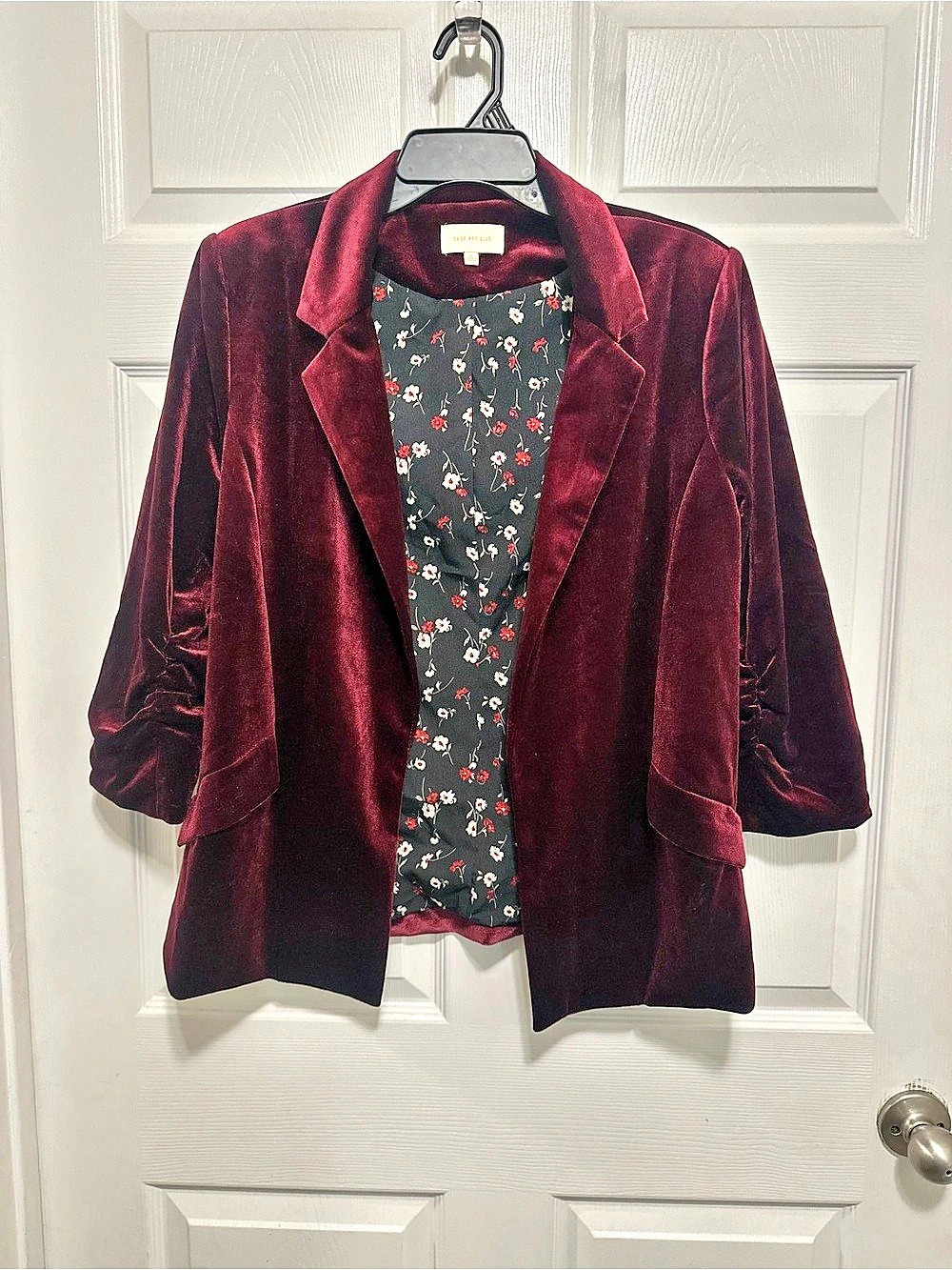 Skies Are Blue Velvet Floral Blazer Burgundy Large Like New